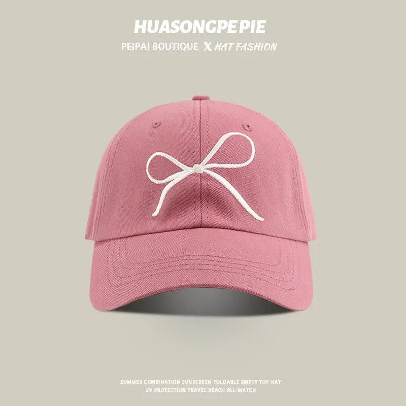 Pink Embroidered Bow Baseball Cap Women Men Summer
