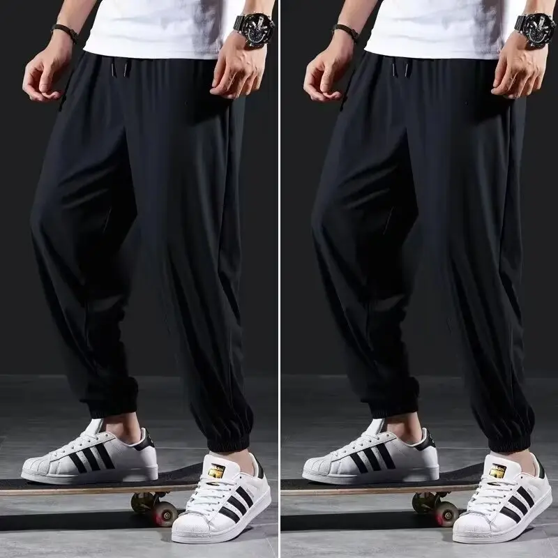 Men Ice Silk Cropped Leg Pants Black 2024 - Image 5