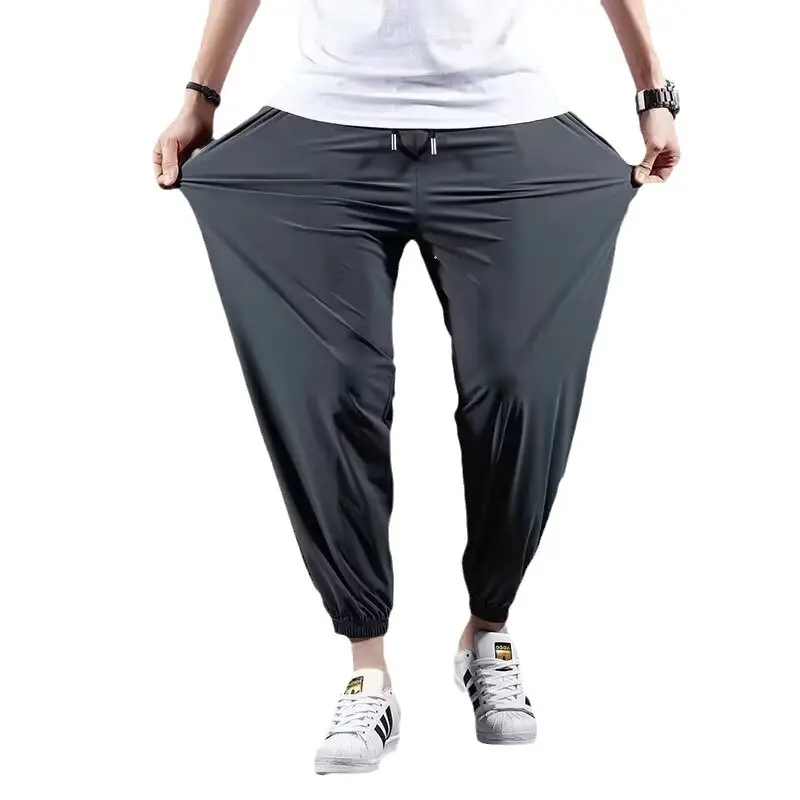 Men Ice Silk Cropped Leg Pants Black 2024 - Image 7