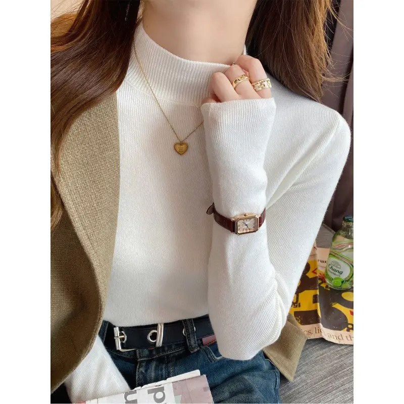 High-Bottom Fashionable Half-Turtleneck Knitwear for Women, Autumn and Winter Tops, Slim-Fitting Long-Sleeved, Slim Mid-Collar Inner Wear for Women