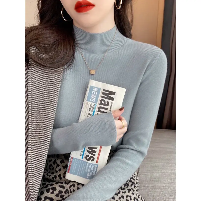High-Bottom Fashionable Half-Turtleneck Knitwear for Women, Autumn and Winter Tops, Slim-Fitting Long-Sleeved, Slim Mid-Collar Inner Wear for Women
