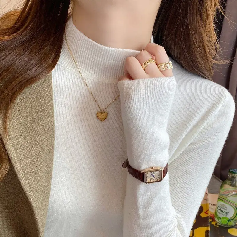 High-Bottom Fashionable Half-Turtleneck Knitwear for Women, Autumn and Winter Tops, Slim-Fitting Long-Sleeved, Slim Mid-Collar Inner Wear for Women