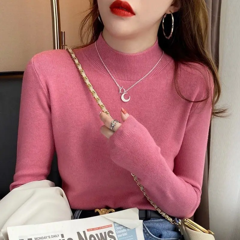 High-Bottom Fashionable Half-Turtleneck Knitwear for Women, Autumn and Winter Tops, Slim-Fitting Long-Sleeved, Slim Mid-Collar Inner Wear for Women