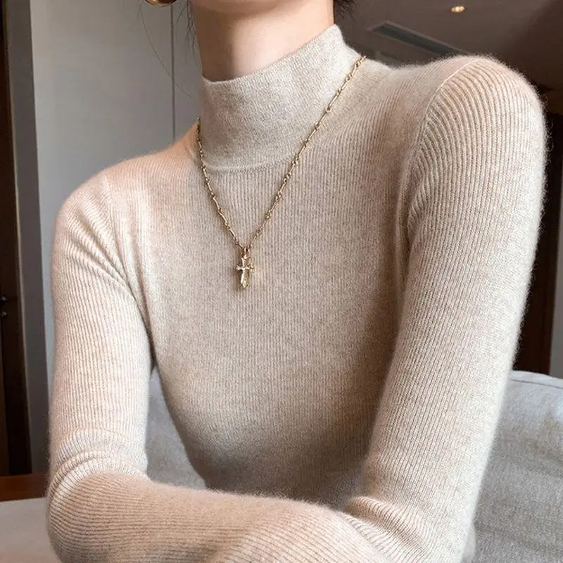High-Bottom Fashionable Half-Turtleneck Knitwear for Women, Autumn and Winter Tops, Slim-Fitting Long-Sleeved, Slim Mid-Collar Inner Wear for Women