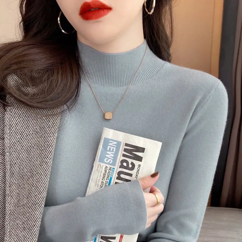 High-Bottom Fashionable Half-Turtleneck Knitwear for Women, Autumn and Winter Tops, Slim-Fitting Long-Sleeved, Slim Mid-Collar Inner Wear for Women