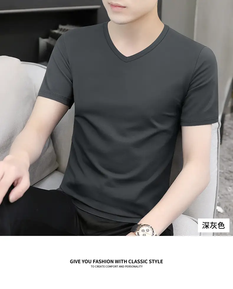Men V-Neck Ice Silk T-Shirt Blue 7A — feature 21