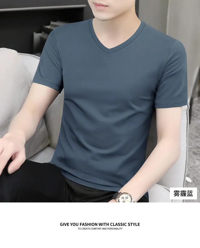 Men V-Neck Ice Silk T-Shirt Blue 7A — feature 27