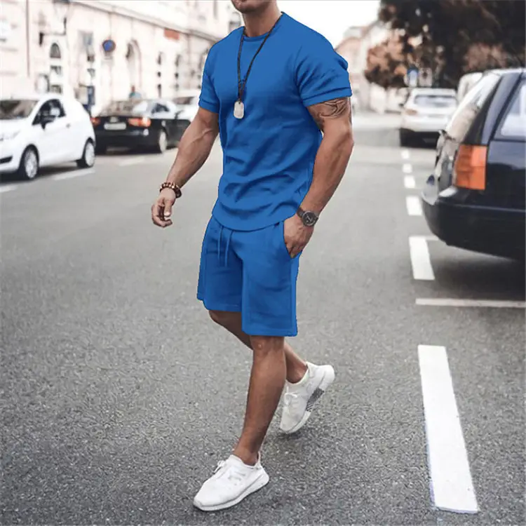 Men Blue Short Sleeve Shorts Suit Casual Two-Piece Set