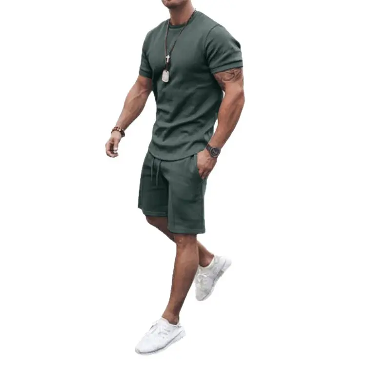 Men Blue Short Sleeve Shorts Suit Casual Two-Piece Set