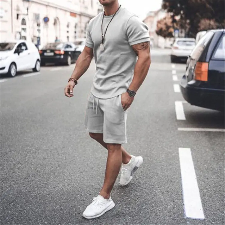 Men Blue Short Sleeve Shorts Suit Casual Two-Piece Set
