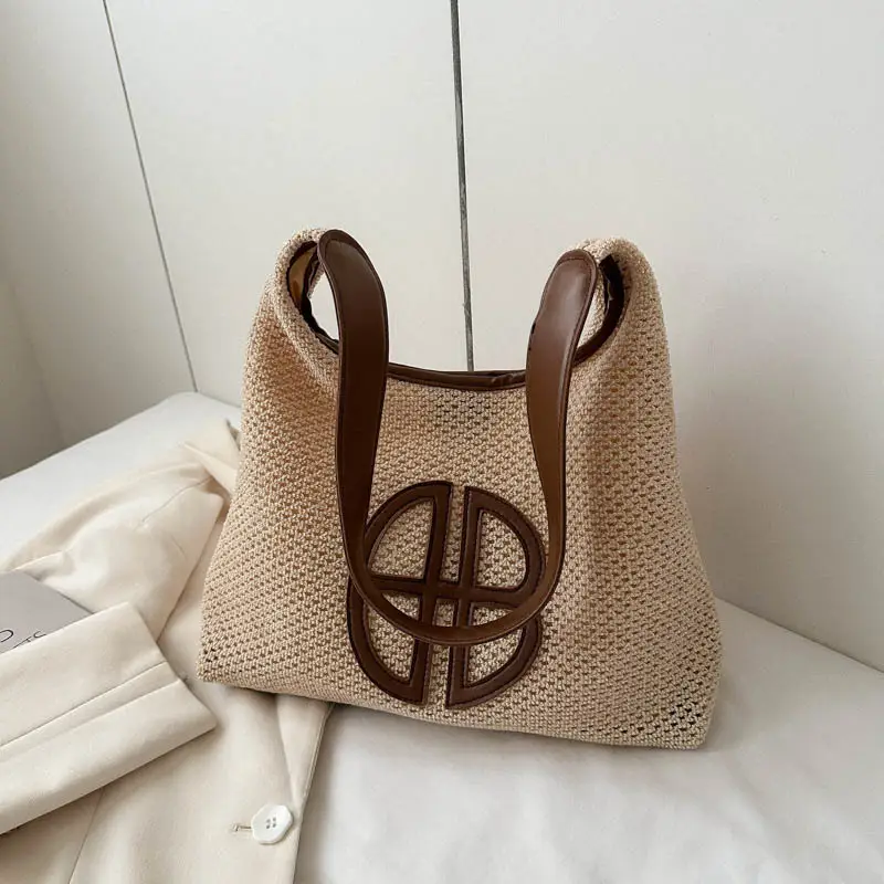 Women's Straw Shoulder Bag with Hollow Design Beige
