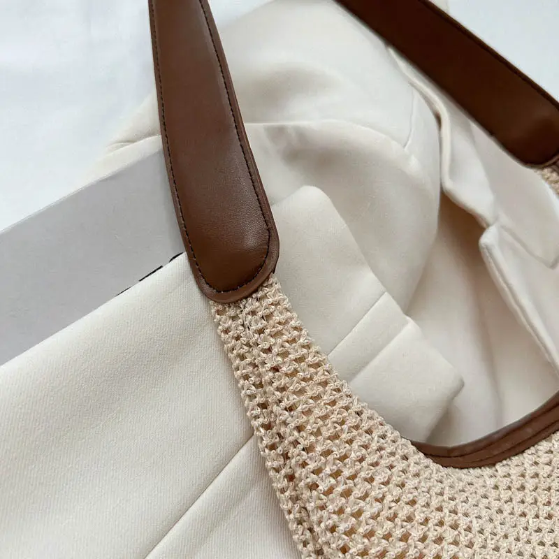Women's Straw Shoulder Bag with Hollow Design Beige
