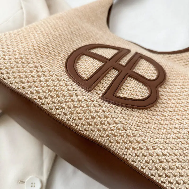 Women's Straw Shoulder Bag with Hollow Design Beige