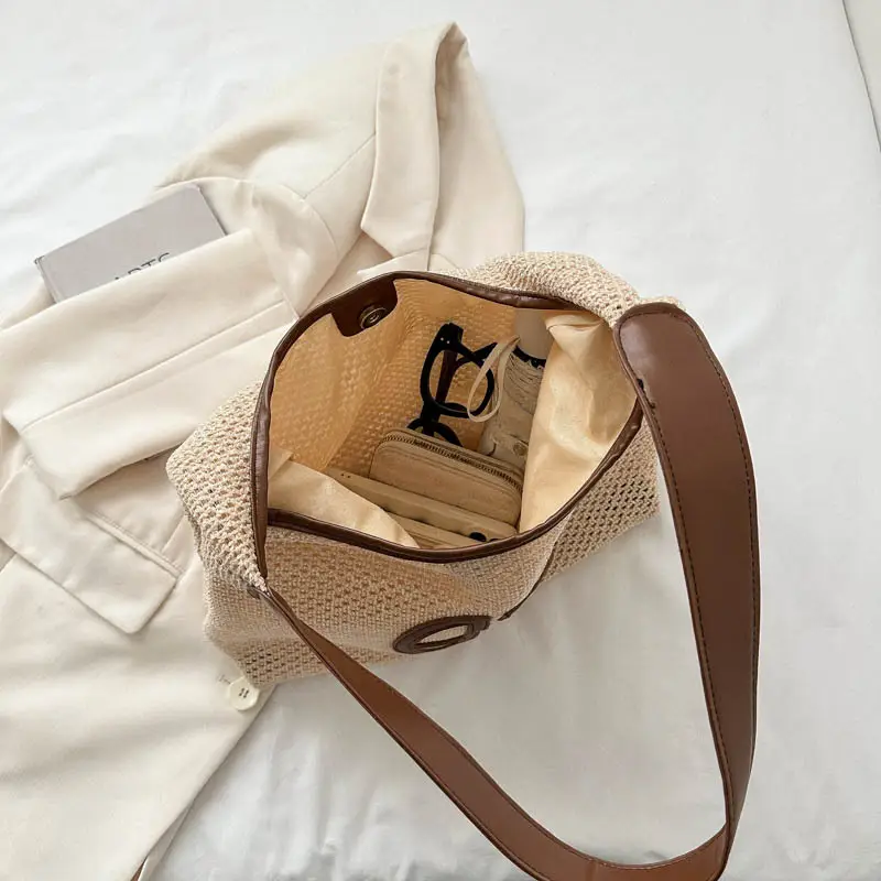 Women's Straw Shoulder Bag with Hollow Design Beige