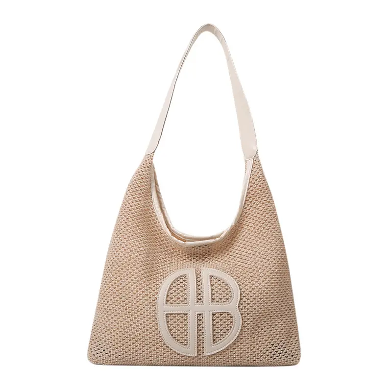 Women's Straw Shoulder Bag with Hollow Design Beige