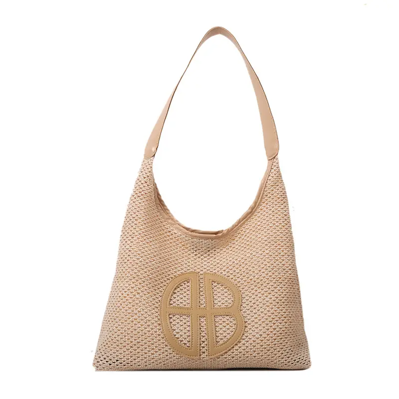 Women's Straw Shoulder Bag with Hollow Design Beige