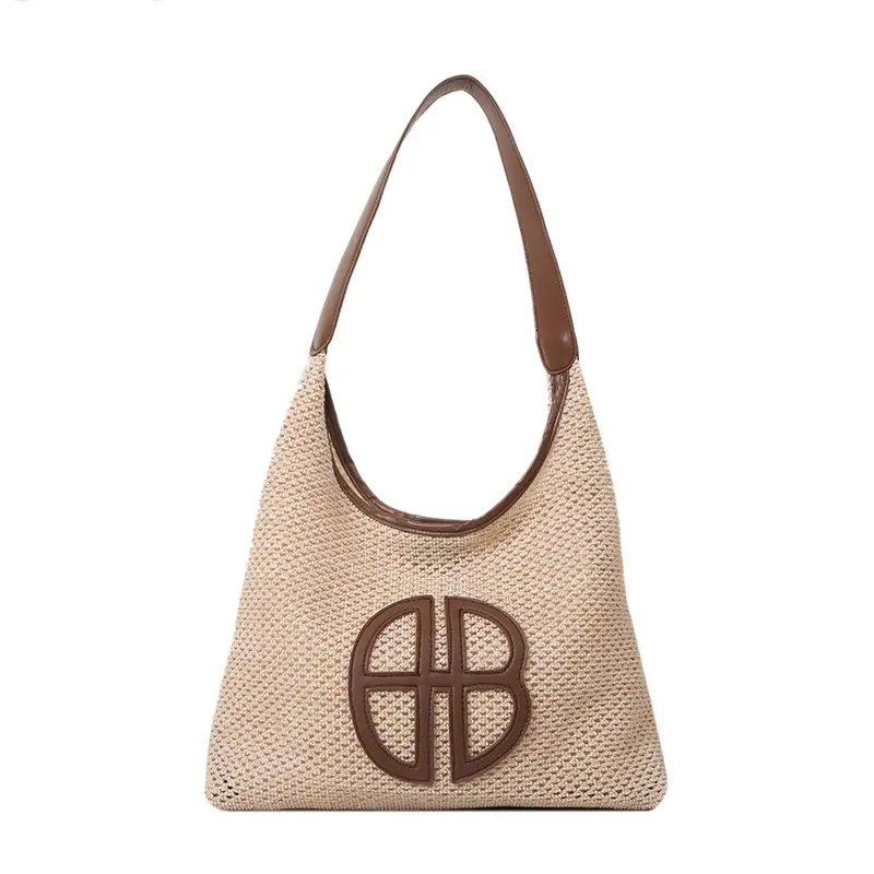 Women's Straw Shoulder Bag with Hollow Design Beige
