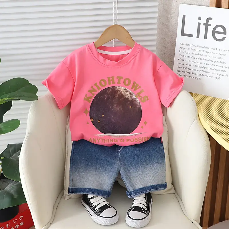 Children Cotton T-Shirt Shorts Set Brown Moon Print Casual Summer - Image 2