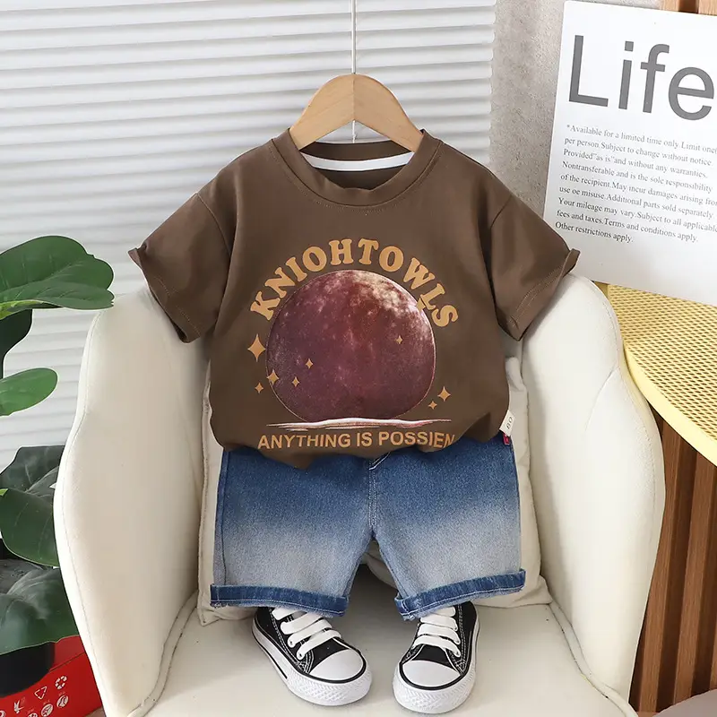 Children Cotton T-Shirt Shorts Set Brown Moon Print Casual Summer - Image 3