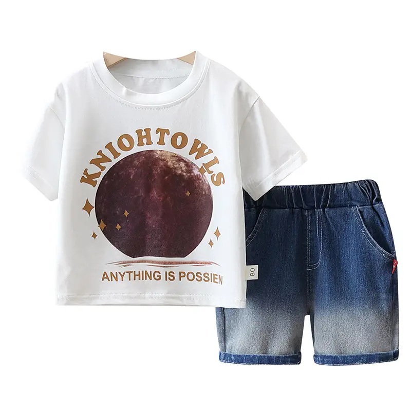Children Cotton T-Shirt Shorts Set Brown Moon Print Casual Summer - Image 5