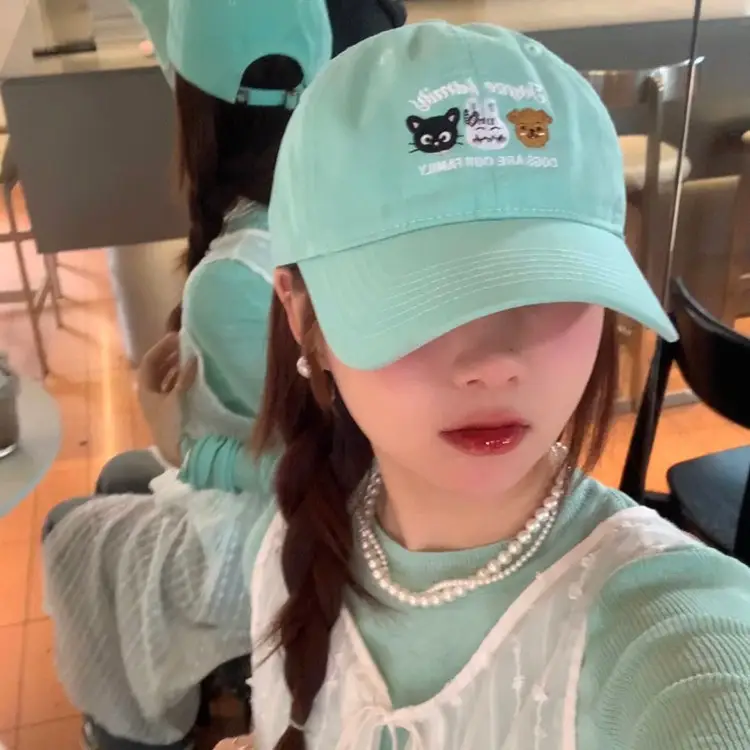 Turquoise Embroidered Baseball Cap with Cartoon Design