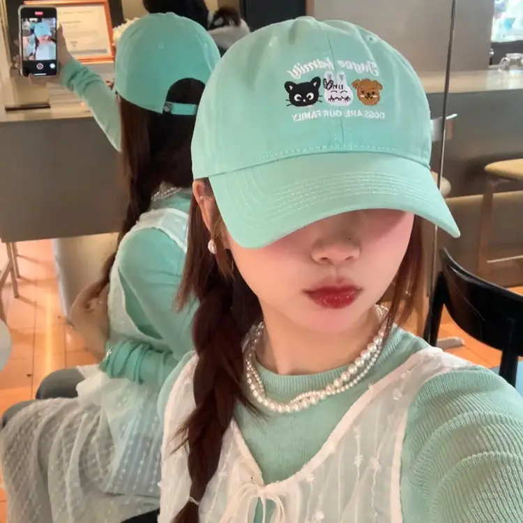 Turquoise Embroidered Baseball Cap with Cartoon Design