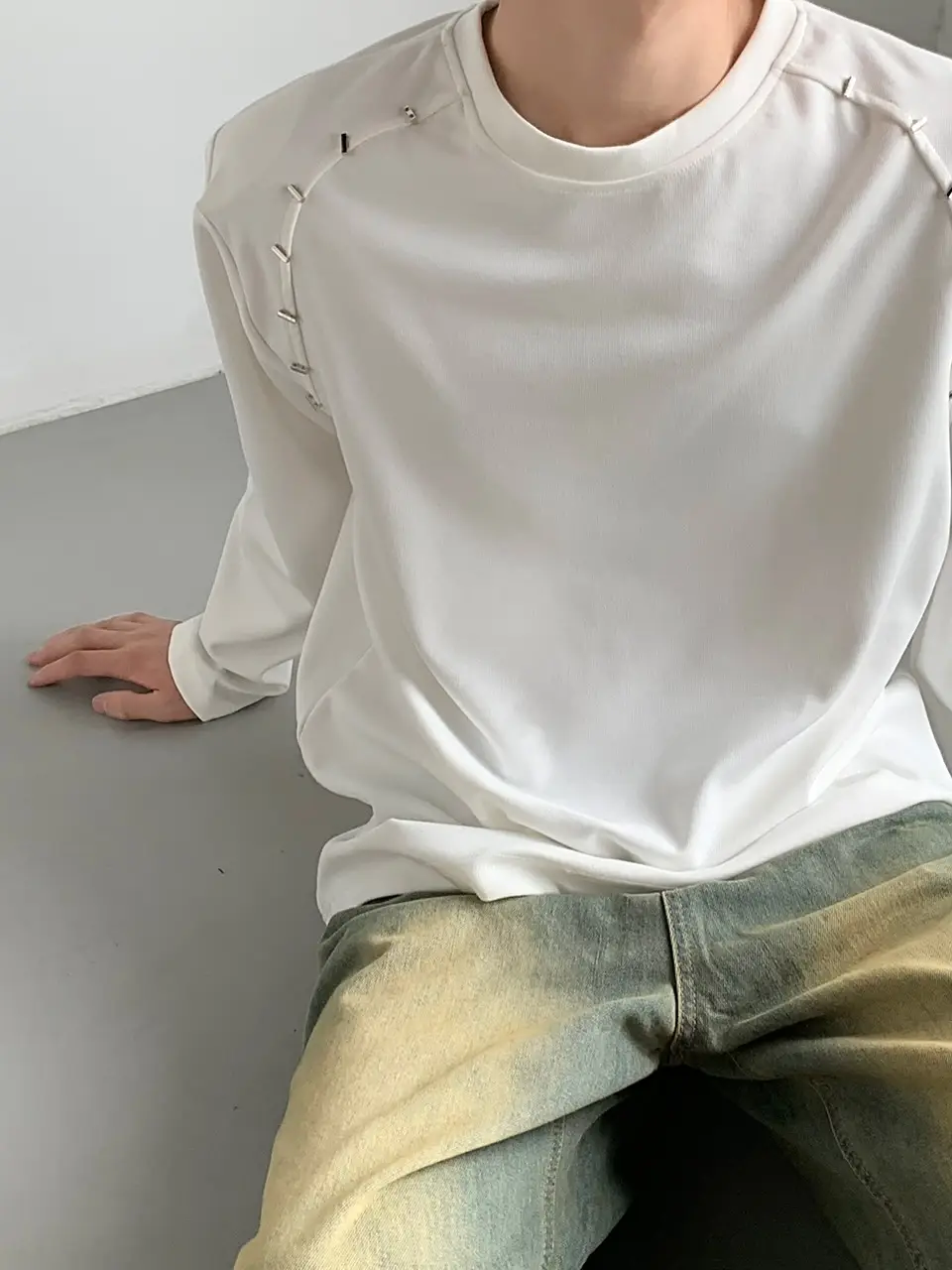 Korean Style Heavy Pad Long Sleeve T-Shirt Black White