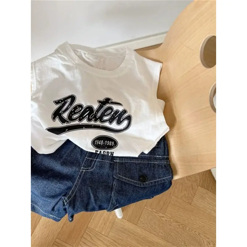 Boys Cotton Vest T-Shirt Letter Print Summer Wear - Image 11
