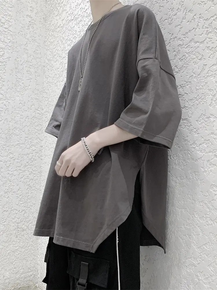 Men Grey Loose T-Shirt Split Sleeve Summer Wear - Image 5