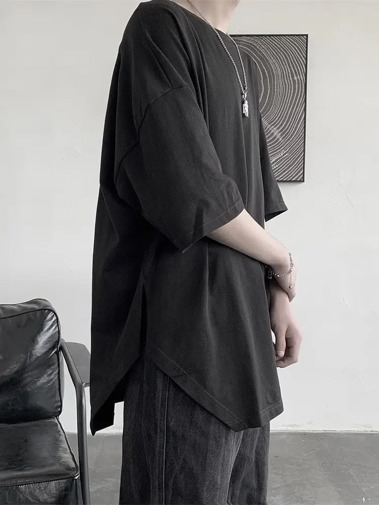 Men Grey Loose T-Shirt Split Sleeve Summer Wear - Image 6