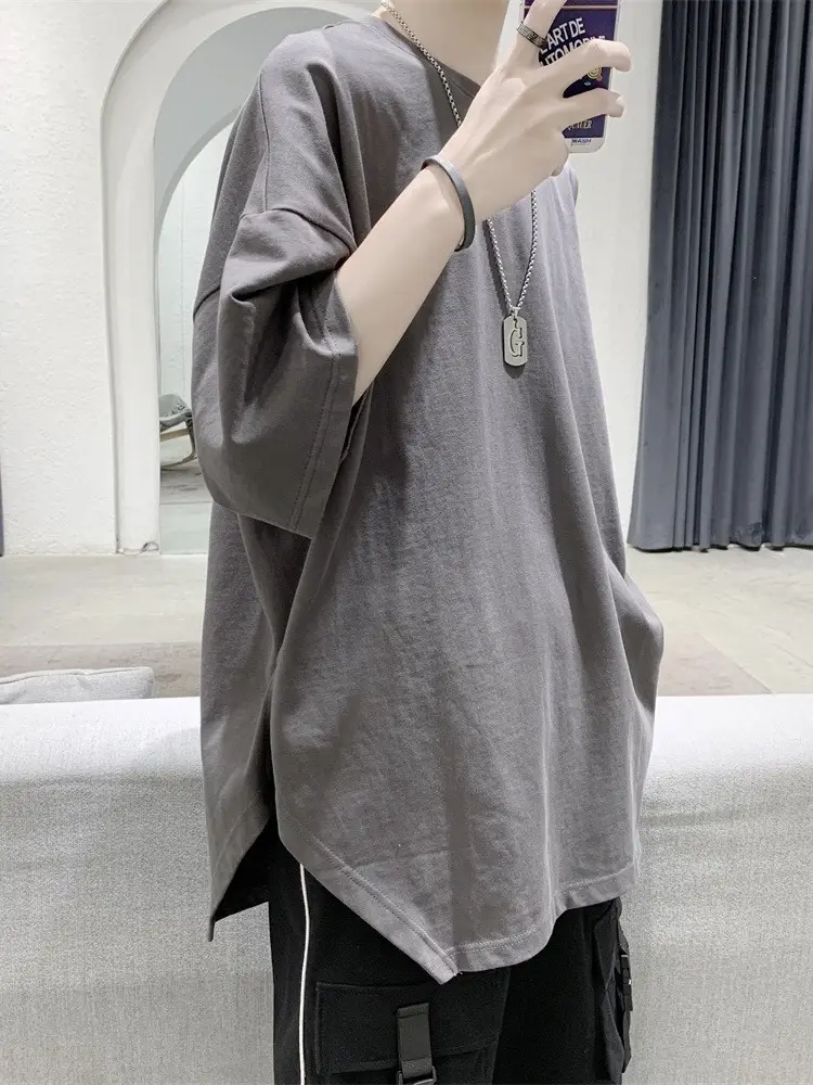 Men Grey Loose T-Shirt Split Sleeve Summer Wear - Image 8
