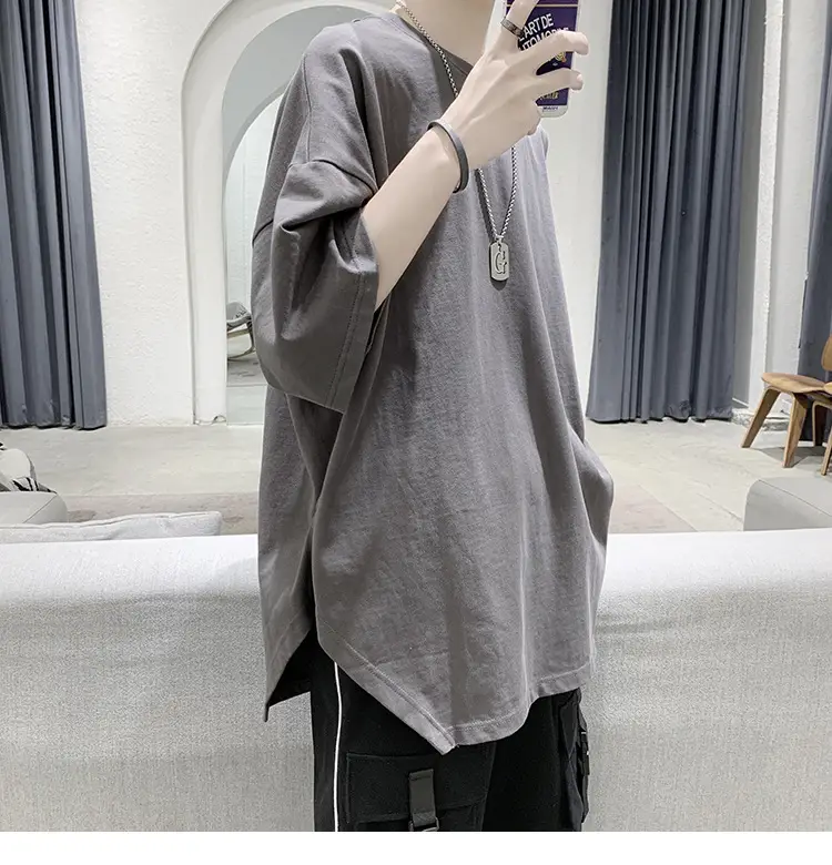 Men Grey Loose T-Shirt Split Sleeve Summer Wear — feature 35