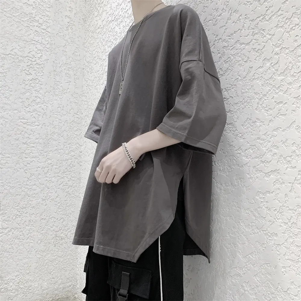 Men Grey Loose T-Shirt Split Sleeve Summer Wear - Image 2