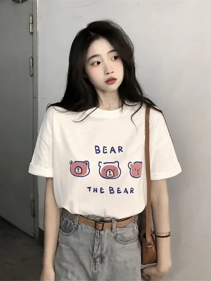 Summer new short sleeve t-shirt women's loose Korean style ins women's all-match cartoon printed inner half sleeve top