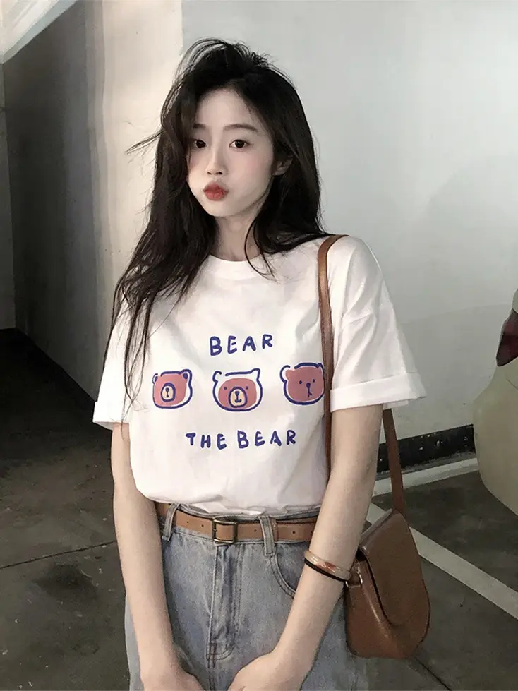 Summer new short sleeve t-shirt women's loose Korean style ins women's all-match cartoon printed inner half sleeve top