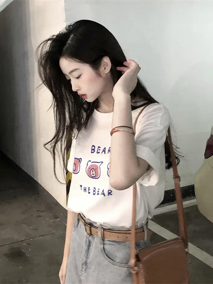 Summer new short sleeve t-shirt women's loose Korean style ins women's all-match cartoon printed inner half sleeve top