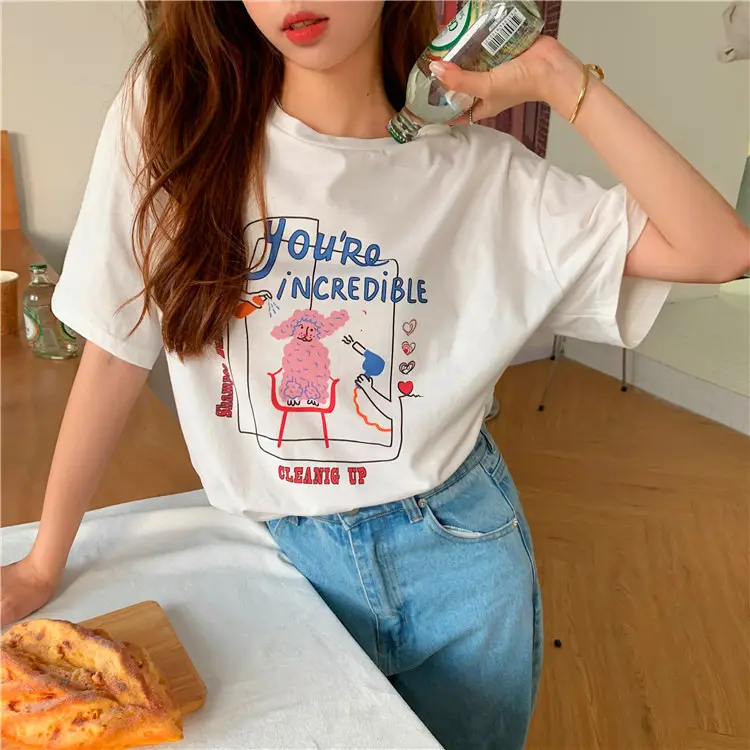 Summer new short sleeve t-shirt women's loose Korean style ins women's all-match cartoon printed inner half sleeve top