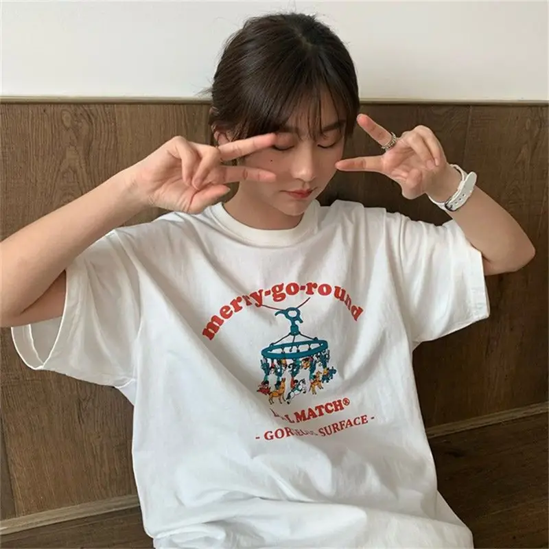 Summer new short sleeve t-shirt women's loose Korean style ins women's all-match cartoon printed inner half sleeve top