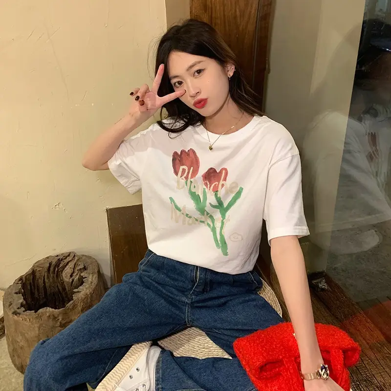 Summer new short sleeve t-shirt women's loose Korean style ins women's all-match cartoon printed inner half sleeve top
