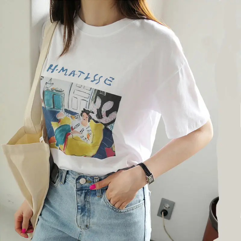 Summer new short sleeve t-shirt women's loose Korean style ins women's all-match cartoon printed inner half sleeve top