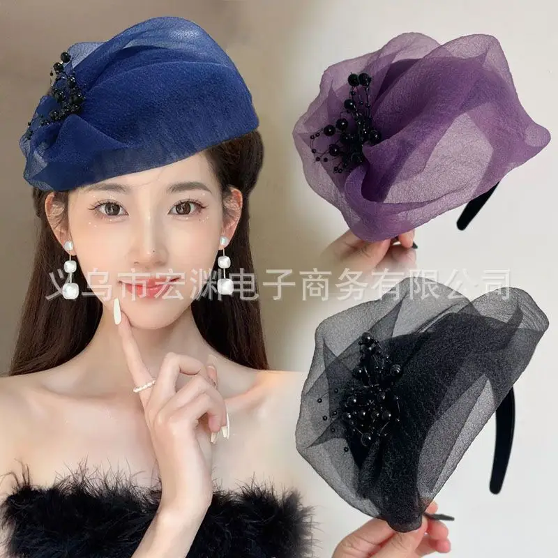Purple Organza Hair Cover with Black Beads