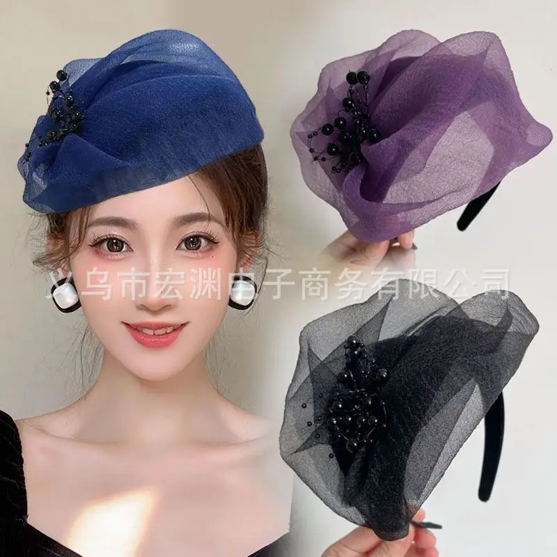 Purple Organza Hair Cover with Black Beads