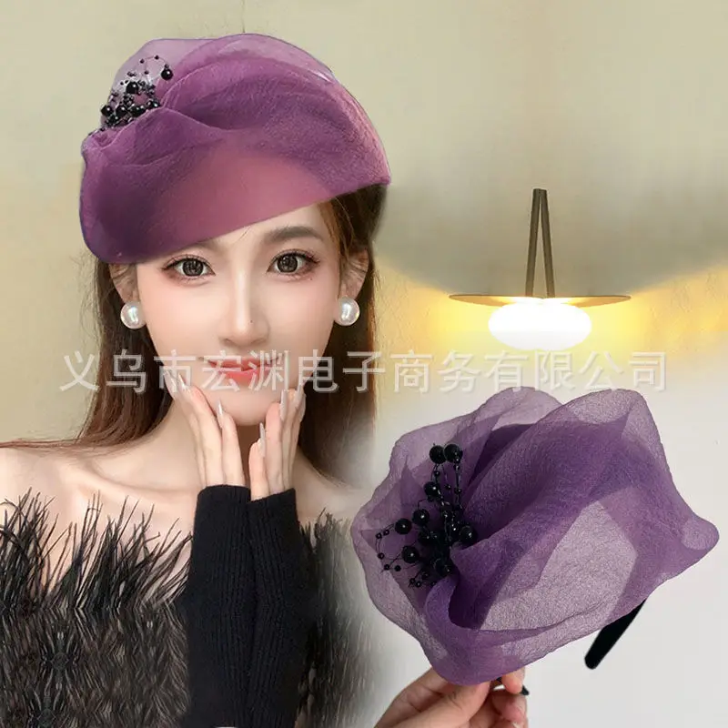 Purple Organza Hair Cover with Black Beads