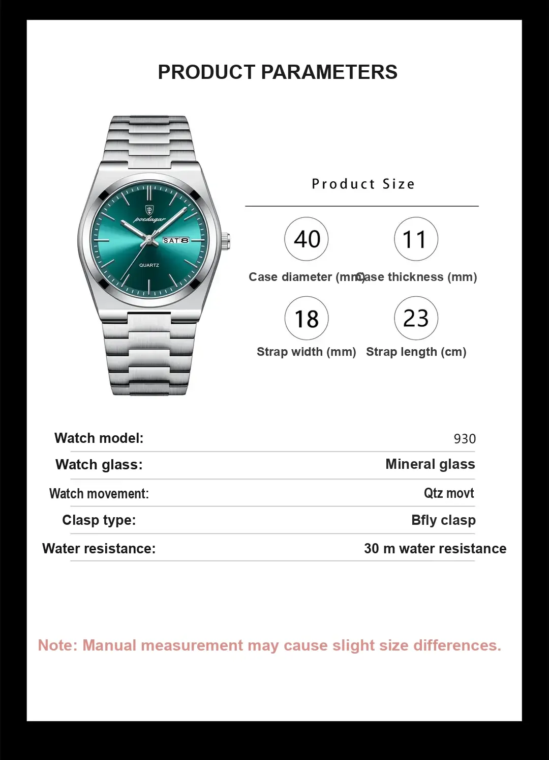 Product parameter panel showing watch dimensions and quartz movement details.
