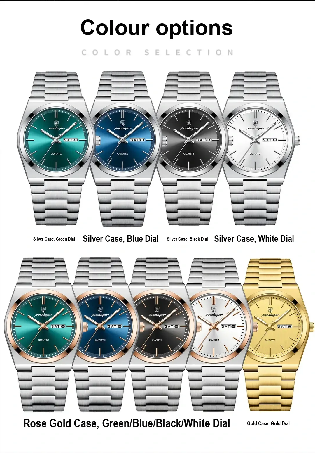 Colour selection panel showing nine dial and case colour combinations.