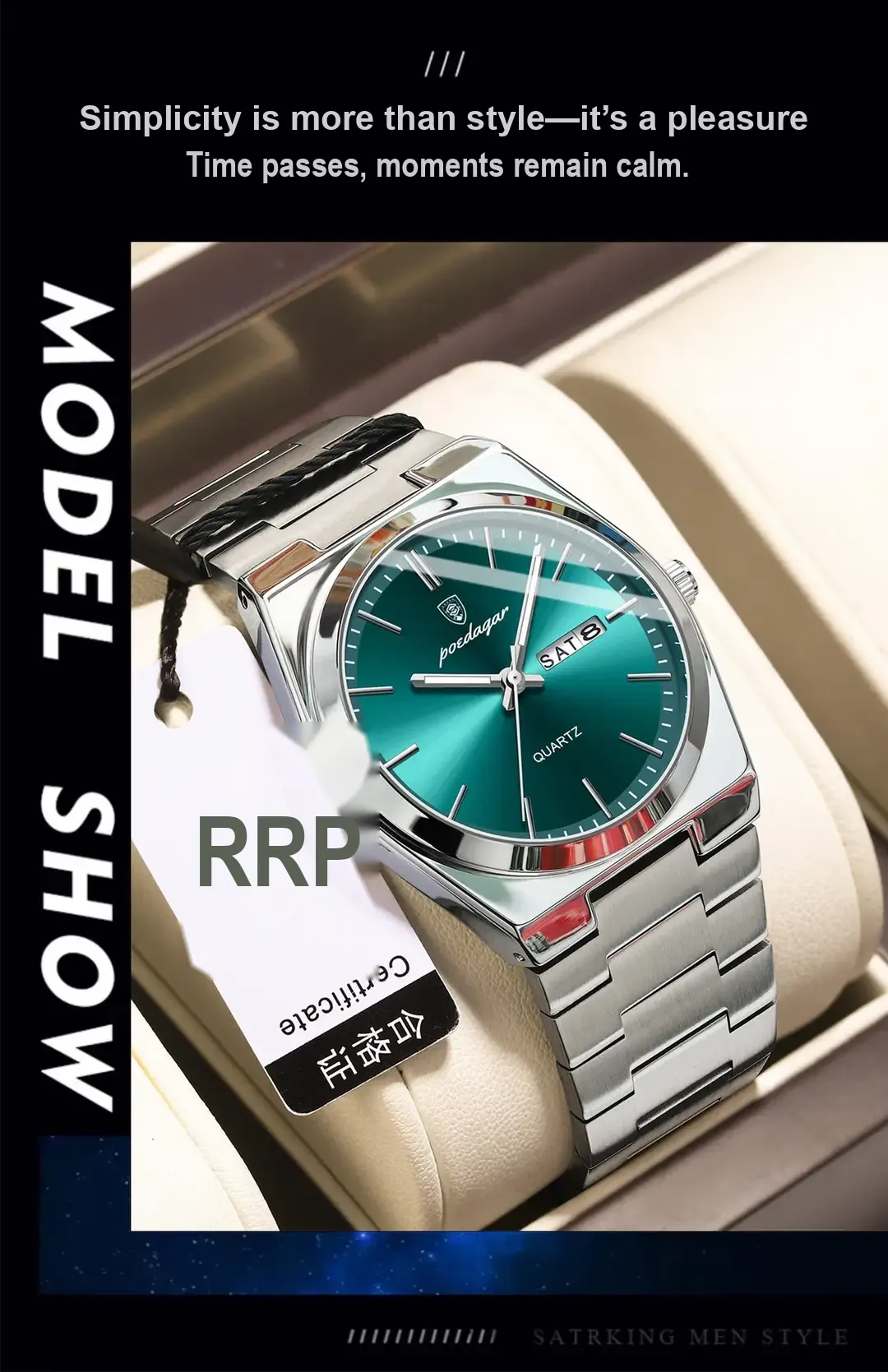 Angled view of green-dial silver watch on a cushion.