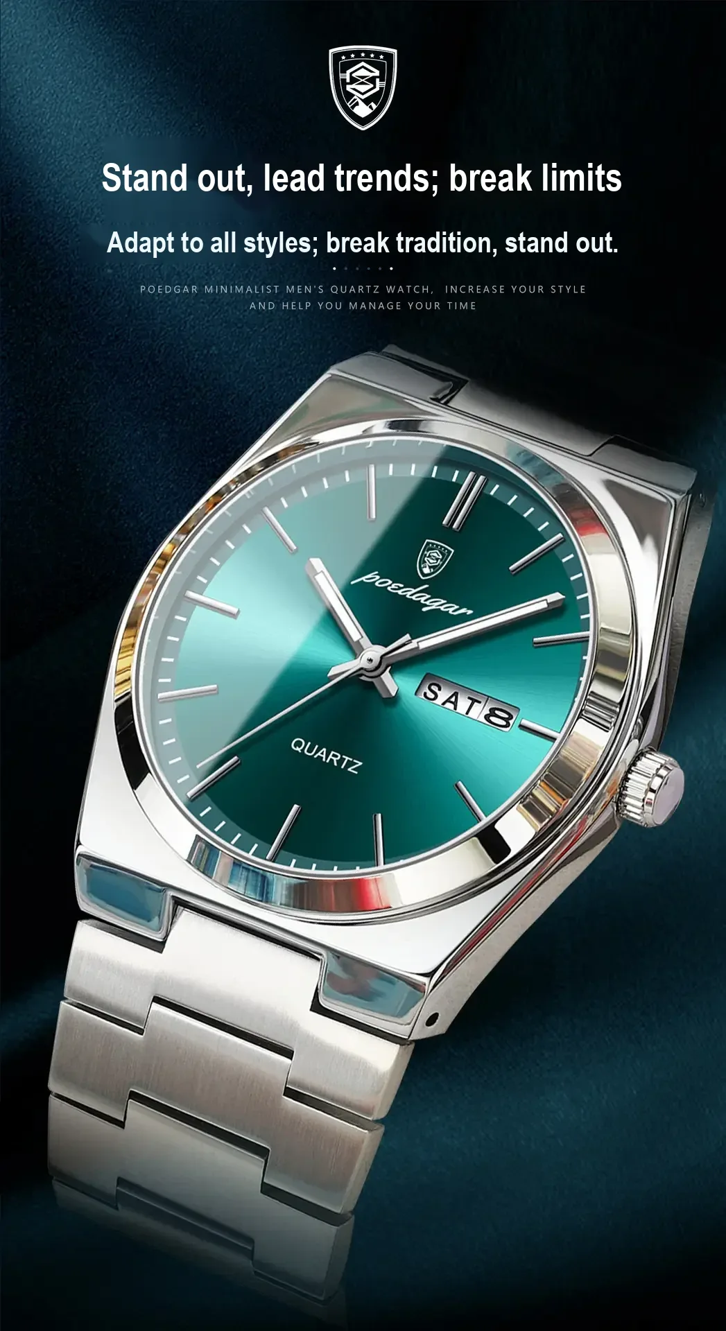 Close-up of green dial, day-date window and polished silver-tone case.