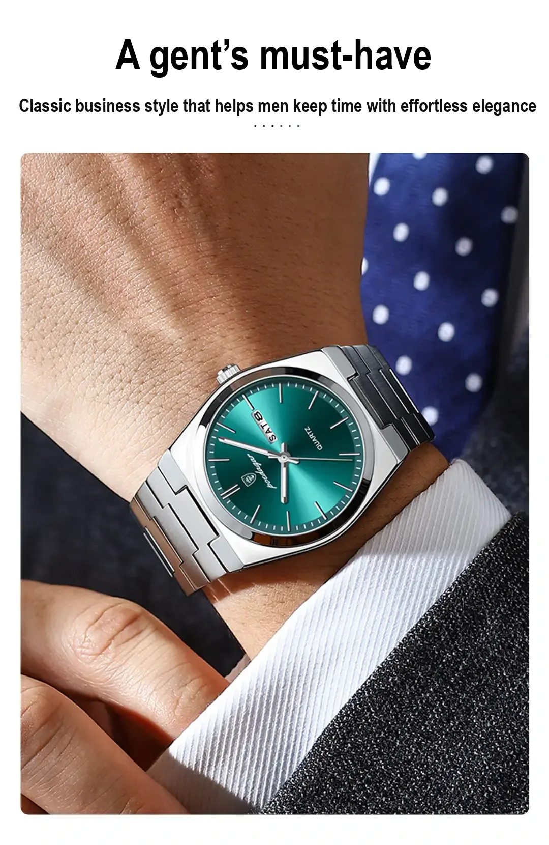 Watch on a wrist beside a shirt cuff and patterned tie.