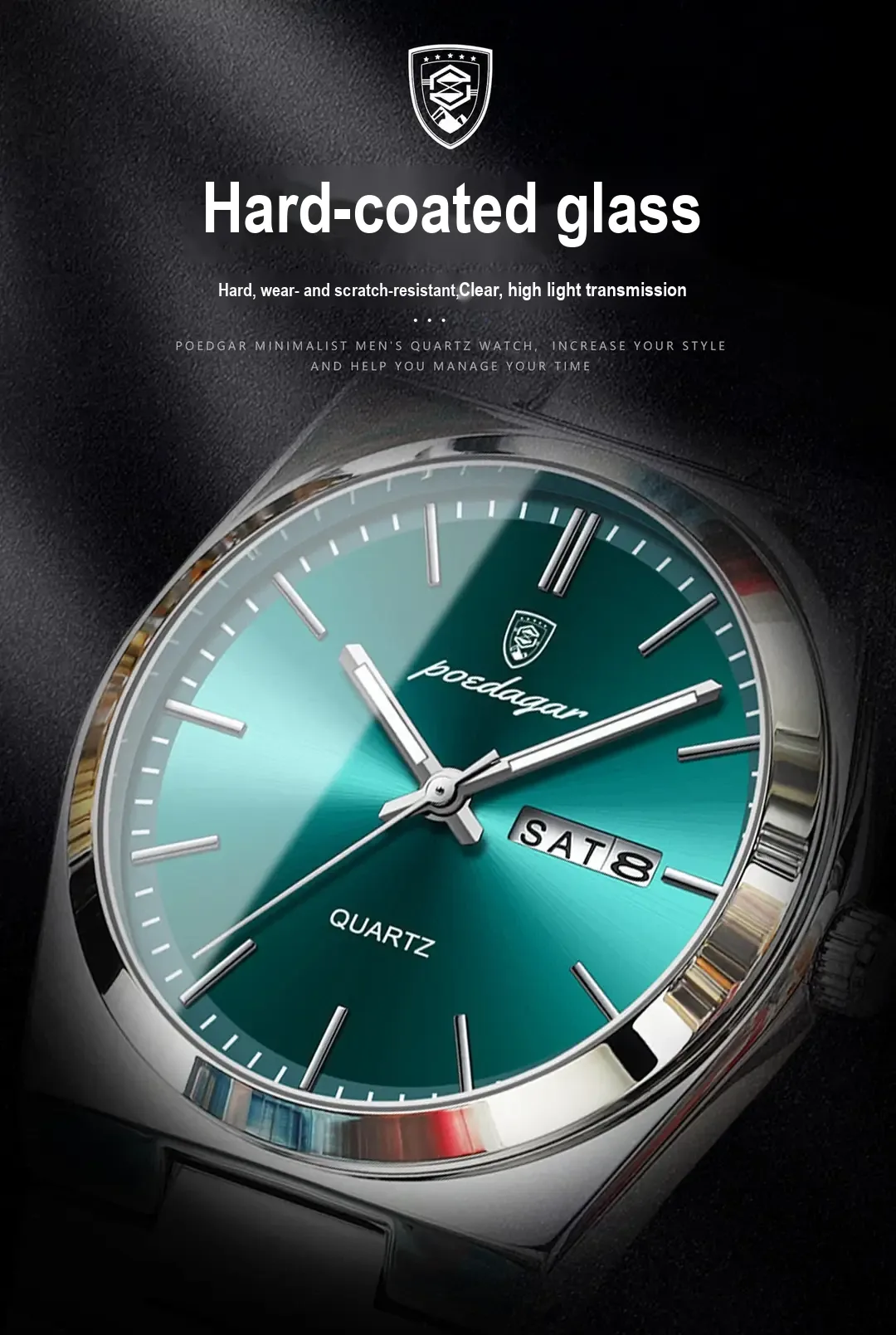 Close-up of green dial and silver-tone bezel.