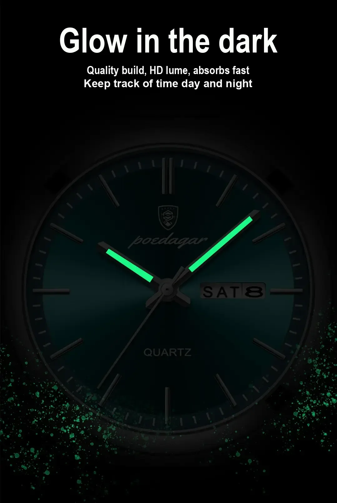Luminous watch hands shown glowing green in darkness.